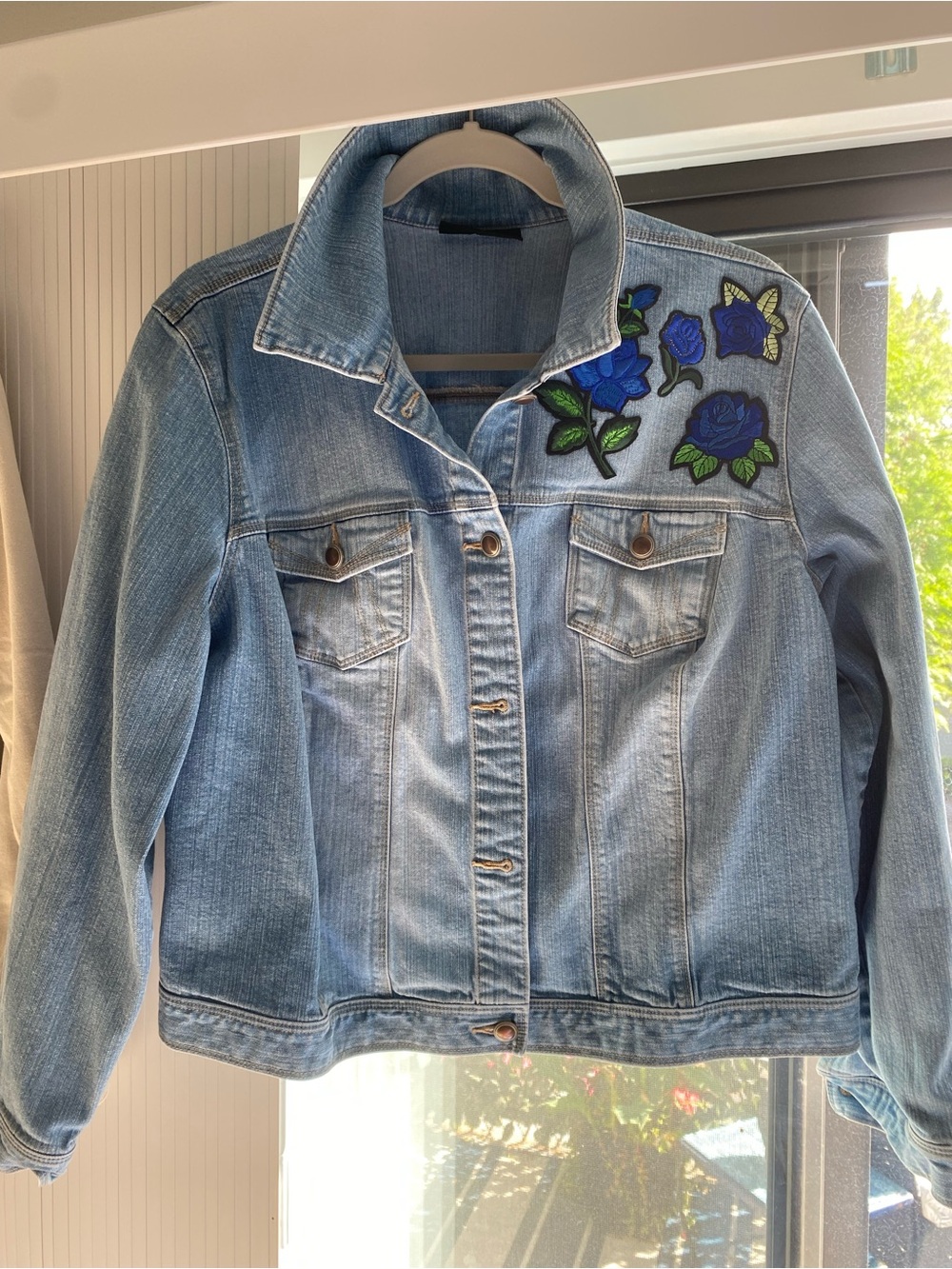 NWOT Upcycled Embroidered Blue Rose Light Wash Denim Jacket - one-of-a-kind!!